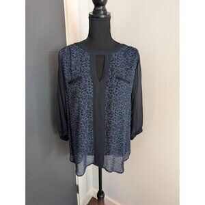 French Connection Navy Blue Sheer Chiffon Lace Print 3/4 Sleeve Blouse Size 6‎